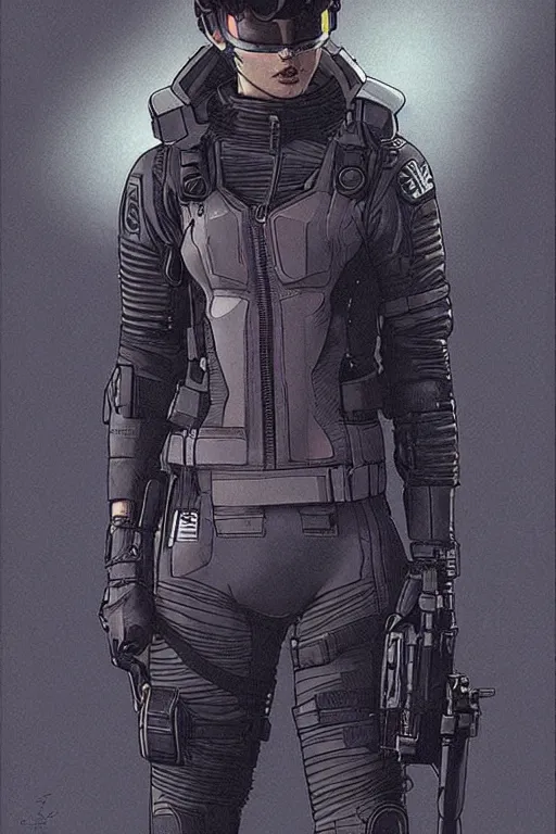 Prompt: selina. blackops mercenary in near future tactical gear, stealth suit, and cyberpunk headset. Blade Runner 2049. concept art by James Gurney and Mœbius.