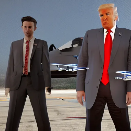 Image similar to Donald Trump with jet fighter pilots body, realistic artstyle, wide shot, dramatic lighting, octane render, hyperrealistic, high quality, highly detailed, HD, beautiful, cinematic, 8k, unreal engine, facial accuracy, symmetrical