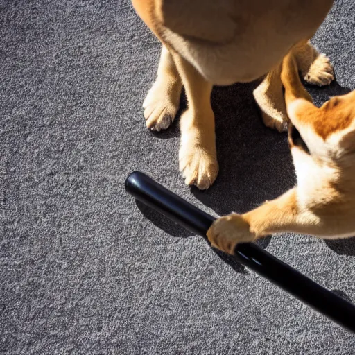 Image similar to close - up photo of shiba inu holding huge mace in paws, standing vertically, ( eos 5 ds r, iso 1 0 0, f / 8, 1 / 1 2 5, 8 4 mm, postprocessed, sharp )