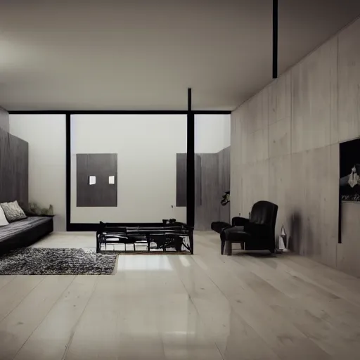 Prompt: brutalist house interior design ominous dark powerful giant open space high quality furniture octane render