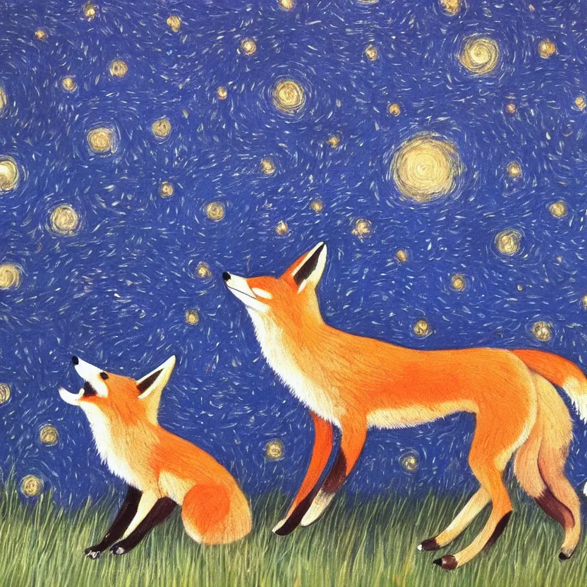 Prompt: a painting of a fox looking up at the stars in the style of Starry Night, highly detailed,