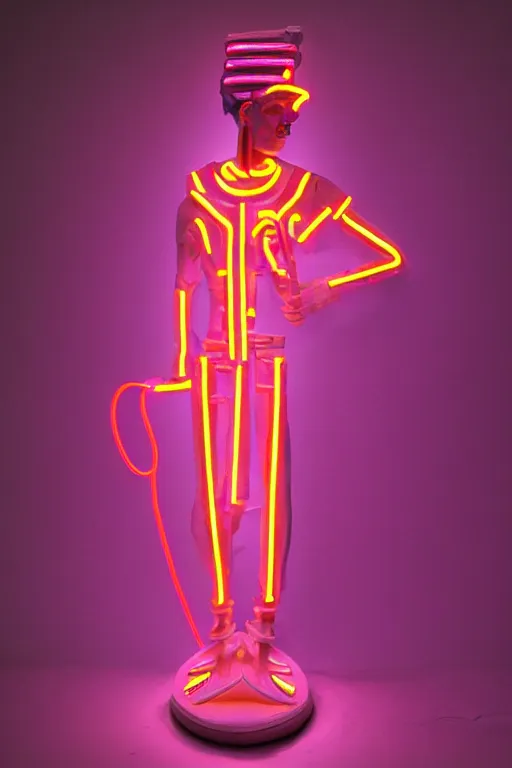 Image similar to full-body neon porcelain egyptian bladerunner greek style sculpture of a young handsome Russian royal as a high-fashion half-robot with a porcelain body with an opening exposing a battery leaking radioactive liquid, electric sparks, glowing violet laser beam eyes, crown of giant rubies, flowing pink and orange neon-colored silk, luminescent fabrics, mechanical raptors. baroque and steampunk elements. full-length view. baroque element. intricate artwork by caravaggio. Very very very very highly detailed epic photo of face. Trending on artstation, octane render, cinematic lighting from the right, hyper realism, octane render, 8k, depth of field, 3D