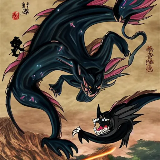 Image similar to an anime black cat riding a dragon over a vast fantasy landscape