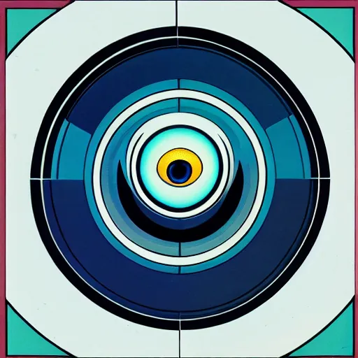 Prompt: logo of eye looking down on city, symmetrical, washed out color, centered, art deco, 1 9 5 0's futuristic, glowing highlights, intense