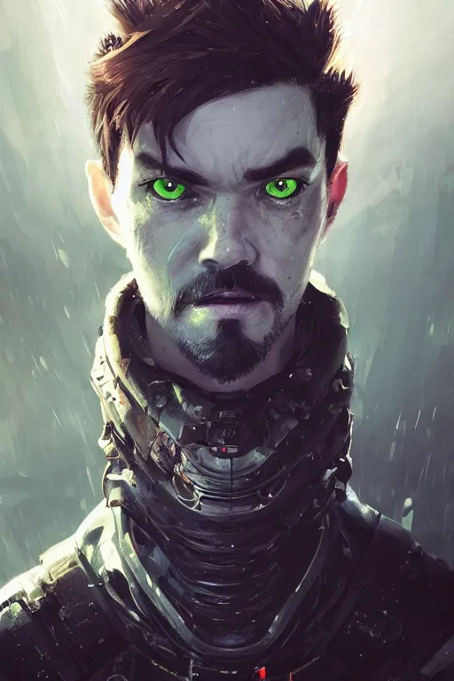 Image similar to A fancy portrait of jacksepticeye as a cyborg by Greg Rutkowski, Sung Choi, Mitchell Mohrhauser, Maciej Kuciara, Johnson Ting, Maxim Verehin, Peter Konig, Bloodborne, 8k photorealistic, cinematic lighting, HD, high details, dramatic, dark atmosphere, trending on artstation