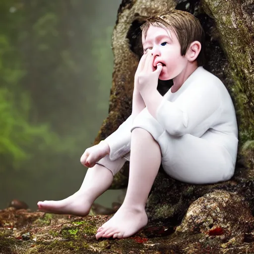 Prompt: Realistic Cute Marshmallow kid crying in the raining forest sitting on a rock, sad, cloudy, rainy, movie shot, studio shot, studio lighting, 8k