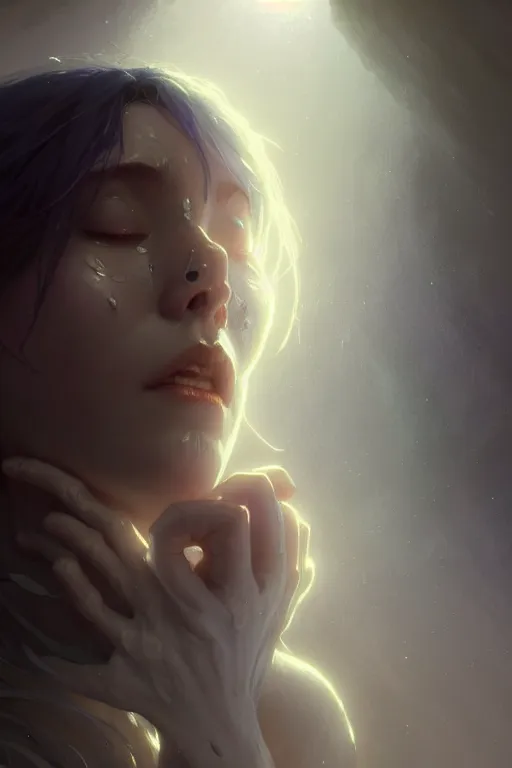 Image similar to crying ghost, tall, silver skin, illustration, cinematic lighting, 8 k, d & d, frostbite 3 engine, dof, artstation, tangled, digital art, twilight ray, art by tsuyoshi nagano, greg rutkowski, artgerm, alphonse mucha