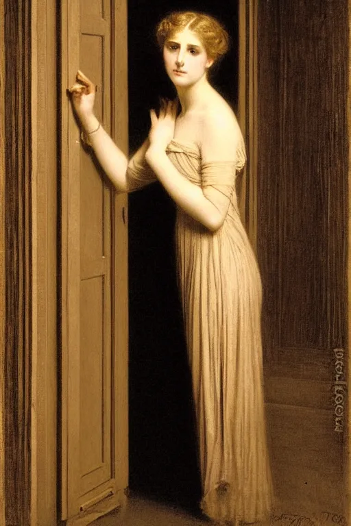 Image similar to girl under torchlight by vittorio reggianini, by auguste toulmouche, dark lighting, perfectly detailed eyes, beautiful hands, pale skin, blonde hair, leaning on door