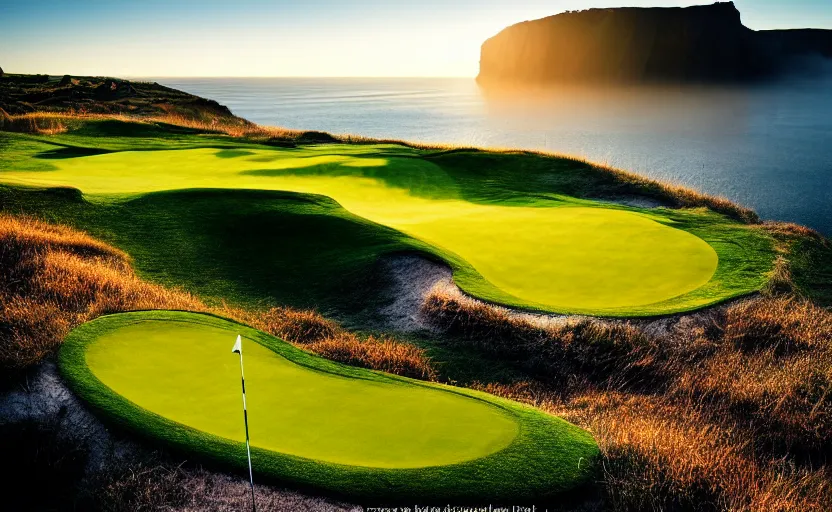 Image similar to a great photograph of the most amazing golf hole in the world, incredible light, cliffs by the sea, perfect green fairway, human perspective, ambient light, 5 0 mm, golf digest, top 1 0 0, fog