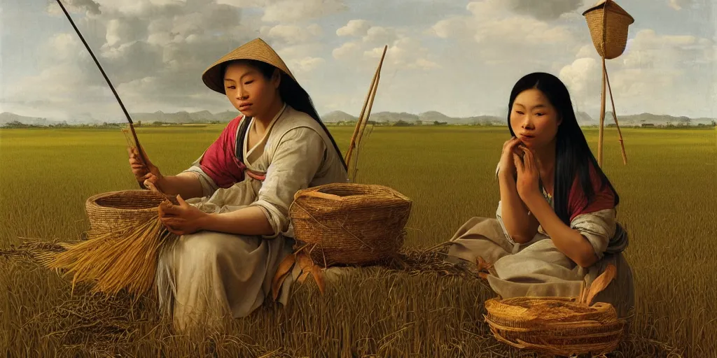 Image similar to beautiful oil matte portrait painting, vietnamese woman of an elevated rice field tending to her work, wonderful masterpiece highly detailed, beautiful cinematic light deep focus, elegant, digital painting, smooth, sharp focus, golden ratio, dramatic illumination, ultra realistic, 8 k, art by artemisia lomi gentileschi and caravaggio