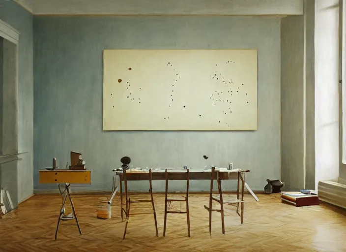 Prompt: a room, vincent lefevre and pat steir and hilma af klint, psychological, photorealistic, dripping paint, washy brush, rendered in octane, altermodern, masterpiece