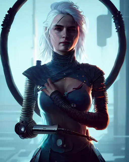 Image similar to portrait of ciri as a cyborg. intricate abstract. intricate artwork. by Tooth Wu, wlop, beeple, dan mumford. octane render, trending on artstation, greg rutkowski very coherent symmetrical artwork. cinematic, hyper realism, high detail, octane render, 8k, iridescent accents