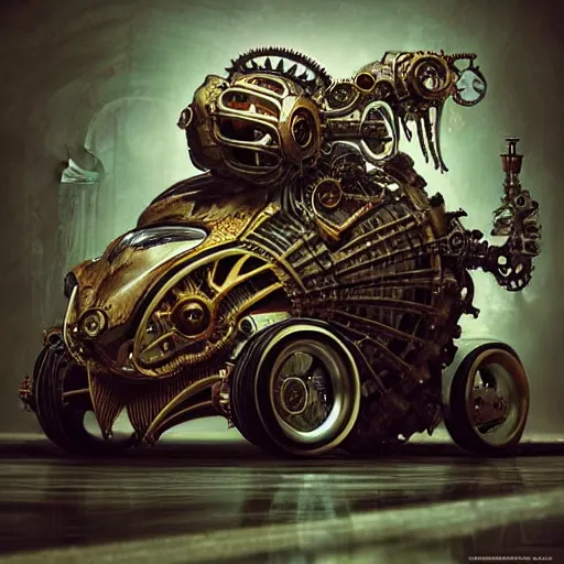 Image similar to biomechanical steampunk vehicle reminiscent of fast sportscar with robotic parts and (glowing) headlights parked in ancient lush palace, gothic and baroque, brutalist architecture, ultradetailed, creepy ambiance, fog, artgerm, giger, Intricate by Ellen Jewett and Josan Gonzalez and Giuseppe Arcimboldo