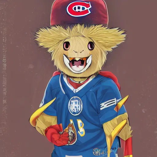 Image similar to anime Portrait of Youppi the Habs Montreal Canadiens Mascot as a very cute powerful and friendly pokemon, highly detailed anime, high evolution, 1990s, legendary, smooth, sharp focus, dynamic lighting, intricate, trending on ArtStation, illustration pokemon, art by WLOP