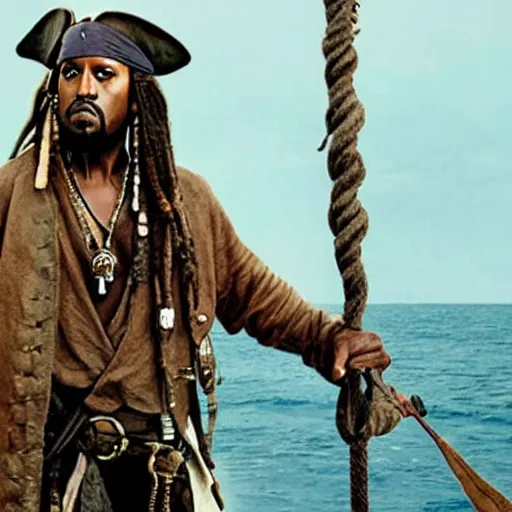 Image similar to film still of kanye west!!! as jack sparrow in pirates of the caribbean