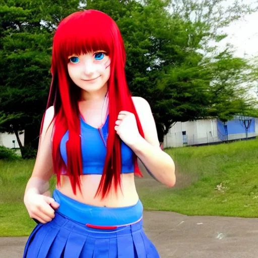 Image similar to anime girl with fark blue hair with a red streak, she is smiling, confident, wearing a school uniform, you can see her belly the top has anime demon eyes, she wear sneakers and she is holding a giant iron red half scissor