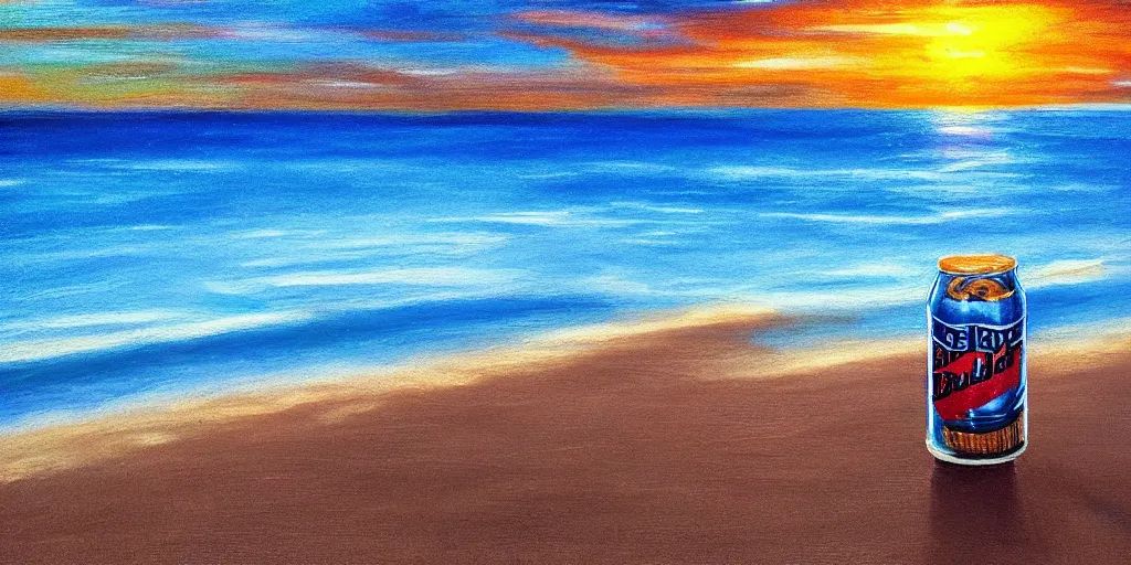 Image similar to can of bud light in the sand on the beach, sunset, landscape, high quality, radiant light, painting, in the style of Bob Ross