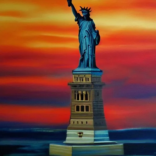 Image similar to the stature of liberty holding a taser. apocalypse painting. masterpiece. red sky, moody, gothic