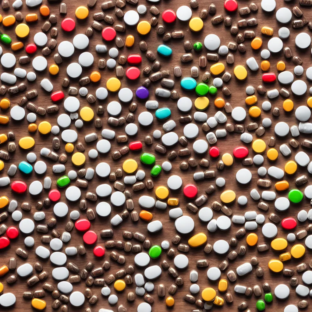 Prompt: top-down view of pills on top of a wooden table, 4k, photorealistic