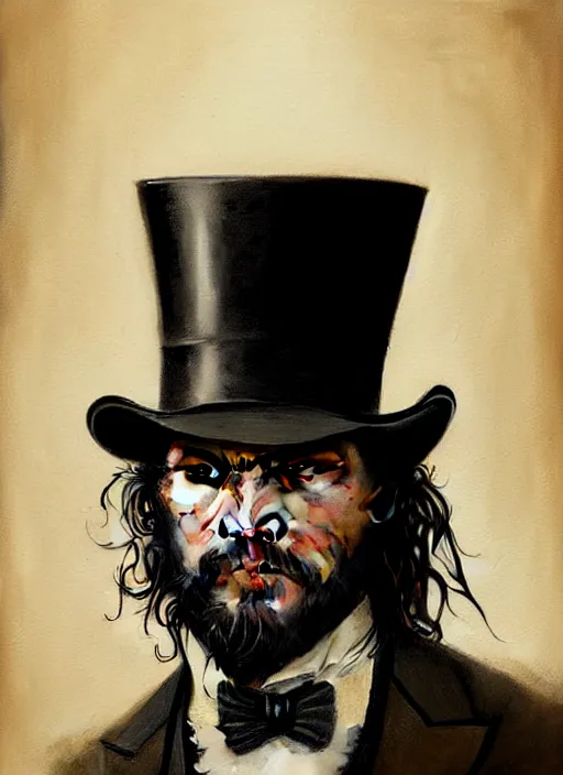 Image similar to portrait of jason mamoa wearing a top hat, victorian, concept art, detailed face, fantasy, close up face, highly detailed, cinematic lighting, digital art painting by greg rutkowski