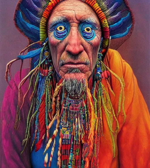 Image similar to Portrait painting in a style of Beksinski mixed with Alex Grey of an old shaman dressed in a colorful traditional clothes. psychodelic