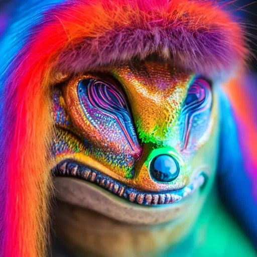 Prompt: photo of a dramatically lit brightly colored detailed alien with thick long wavy fur staring into your soul sigma 5 0 mm f / 1. 4