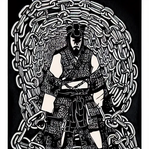 Image similar to samurai wrapped in chains ,ink art