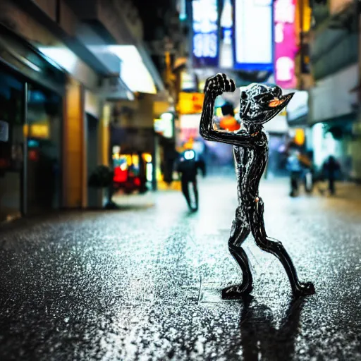 Image similar to a t - 1 0 0 0 cat made of liquid metal walking in the streets of hong kong and hugging a man, volumetric lighting, sharp focus, ultra detailed, cgsociety - w 1 0 2 4 - n 8 - i