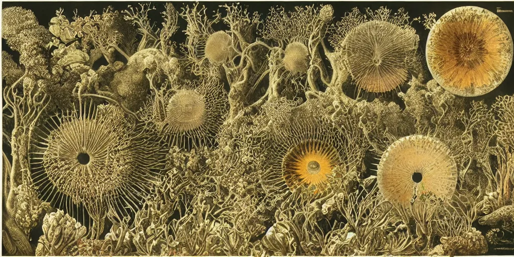 Image similar to Artwork by Ernst Haeckel of the cinematic view of a giant diatom forest.