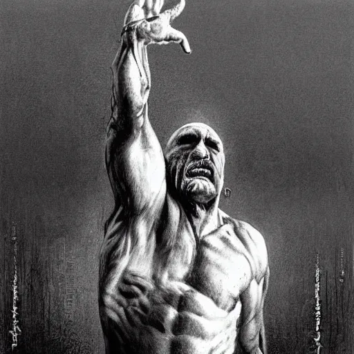 Prompt: black and white, wrestler hulk hogan, photorealistic, ring of fire, painted by beksinski