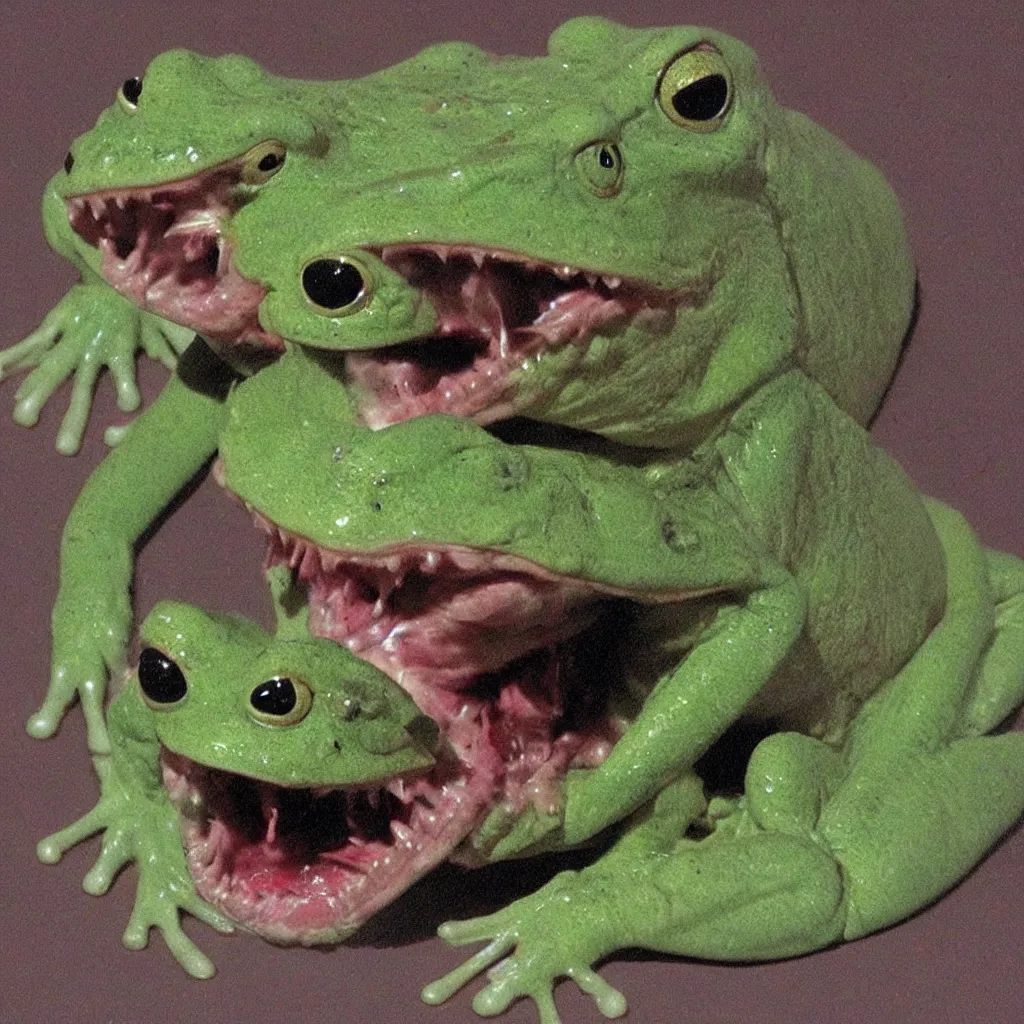 Image similar to horrifying bullfrog creature, fangs, demonic