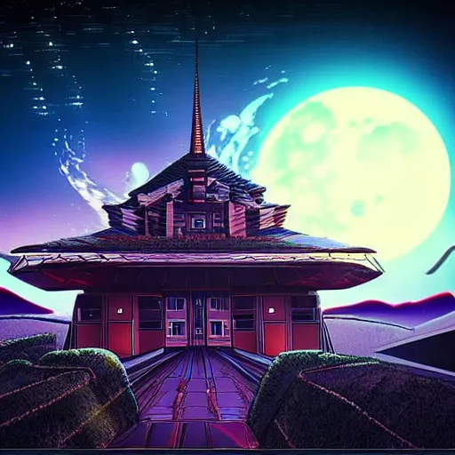 Image similar to Satoshi's futuristic castle, synthwave, space background, very beautiful, photo realistic