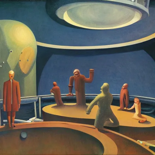 Image similar to deep sea scientists in a giant bathysphere, interior, fantastical, comedic, dystopian, grant wood, pj crook, edward hopper, oil on canvas