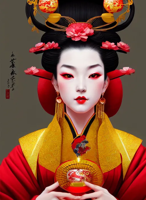 Image similar to dreamlike luxury stunning oiran portrait, red and gold kimono, art by artgerm, wlop, loish, ilya kuvshinov, 8 k realistic, hyperdetailed, beautiful lighting, detailed background, depth of field, symmetrical face, frostbite 3 engine, cryengine,