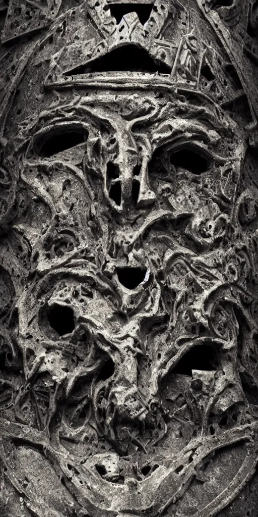 Image similar to extra wide view. an ominous dark ancient mask. barron. worn out photography. sepia. cracks. hyper - detailed. gothic steampunk. low poly medieval baroque. symmetric. epic. hyper - realistic. unreal render.