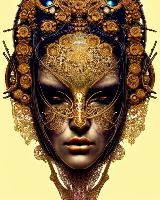 Image similar to hyperrealistic detailed portrait of a beautiful dark goddess in an intricate golden ornamental ritual mask, intricate cyberpunk make - up, insane details, art by ernst haeckel, nekro borja, android jones, alphonso mucha, gothic - cyberpunk, ornamental, beautiful deep colours,