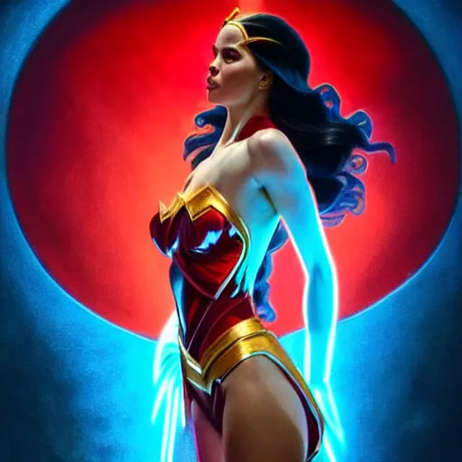 Image similar to catriona gray as darna, volumetric lights, red and cyan theme, art nouveau botanicals, intricate, highly detailed, digital painting, artstation, concept art, smooth, sharp focus, cinematic, illustration, beautiful face, art by artgerm and greg rutkowski and alphonse mucha