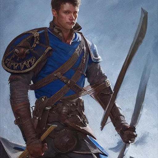 Prompt: Ranger marching toward the viewer, male, muscular, blue eyes!!!!, straight nose!!!, detailed face, exposed thighs!!!, fantasy, medieval, highly detailed, painting by greg rutkowski