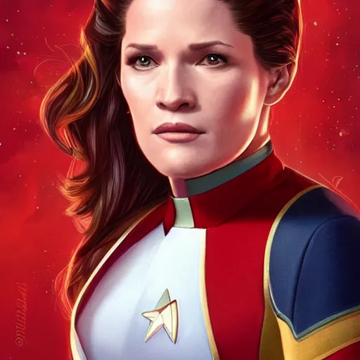 Prompt: ultra realistic illustration, bella! thorne! as captain janeway wearing star trek red uniform, intricate, elegant, highly detailed, digital painting, artstation, concept art, smooth, sharp focus, illustration, art by artgerm and greg rutkowski and alphonse mucha