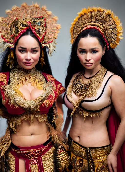 Image similar to portrait of lindsey pelas and emilia clarke as traditional javanese dancer, by charlotte grimm, natural light, detailed face, canon eos c 3 0 0, ƒ 1. 8, 3 5 mm, 8 k, medium - format print, half body shot