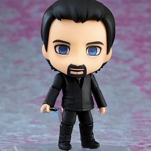 Image similar to keanu reeves neo as nendoroid!, background from matrix movie, kodak film