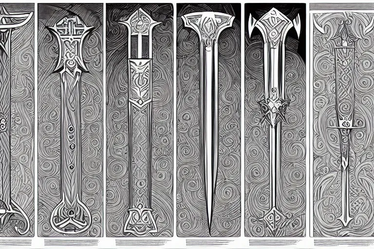 Prompt: design sheet of various magic swords, intricate linework, swords, blades, weapon designs, clean lines