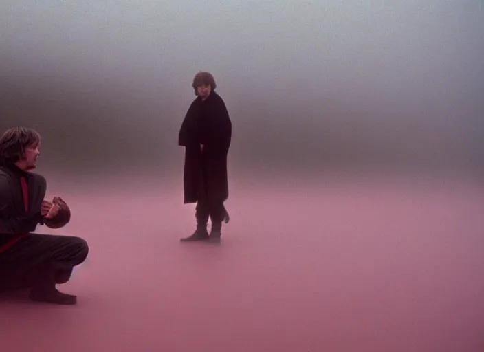 Prompt: Luke skywalker kneels before a strange jedi oracle, a mystic with infinite knowledge of time. in a foggy pink land. still from the 1983 film directed Stanley Kubrick, Photographed with Leica Summilux-M 24 mm lens, ISO 100, f/8, Portra 400