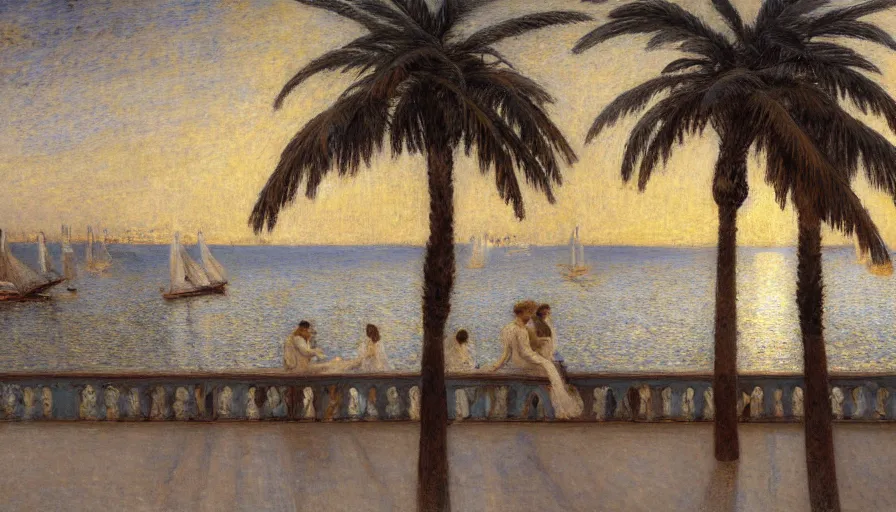 Image similar to a ultradetailed beautiful painting of the night sky of the great greek river golden white palace balustrade designed by jules bastien - lepage, tarsila do amaral, frank weston and gustave baumann, beach, trending on artstation, mediterranean, palm trees, sharp focus, sail boats, soft light, 8 k 4 k