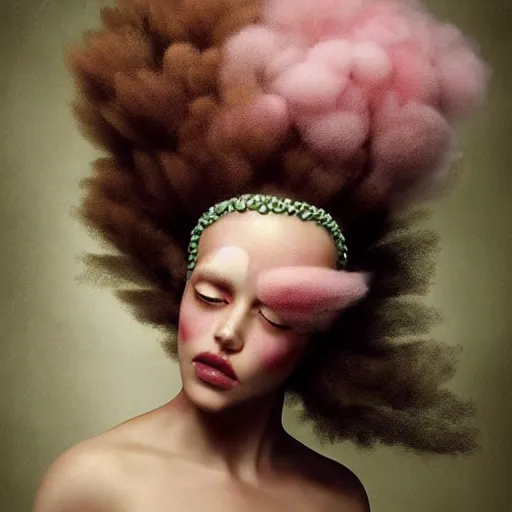 Image similar to brown woman wearing a candyfloss armor. super detailed. layered. textured. award winning. refracted lighting. soft. fragile. by ray caesar. by louise dahl - wolfe. by tom bagshaw. surreal photoraphy