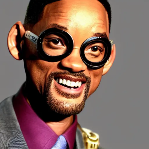 Prompt: will smith wearing big steampunk googles, colored photo by gustave baumann