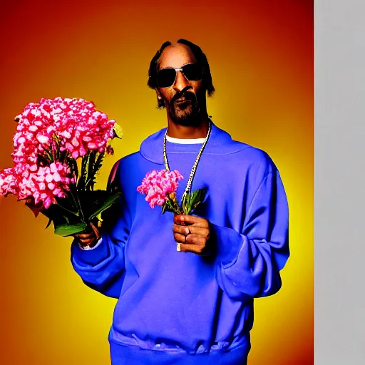 Image similar to Snoop Dogg holding a Vase of flowers for a 1990s sitcom tv show, epic lighting, Studio Photograph, portrait, C 12.0