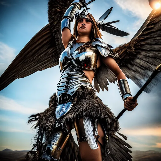 Image similar to photo of a real - life winged valkyrie warrior with light powers, highly detailed, 4 k, hdr, smooth, sharp focus, high resolution, award - winning photo