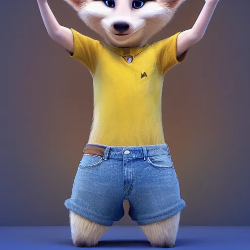 Image similar to 3 d render, portrait, mid shot, disney prince as a anthropomorphic mouse, female, blond fur, blue eyes, wearing denim short shorts, wearing a off yellow tank top shirt, solo, in the style of zootopia