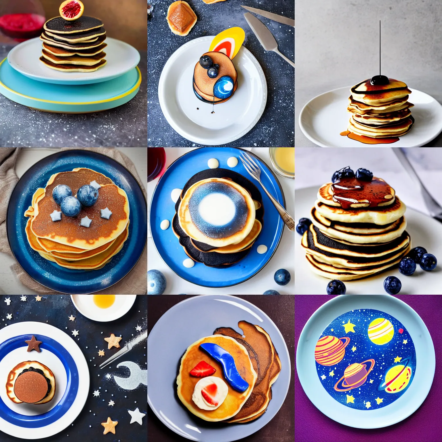 Prompt: Space themed pancake stack on a plate, f3.2, 50mm